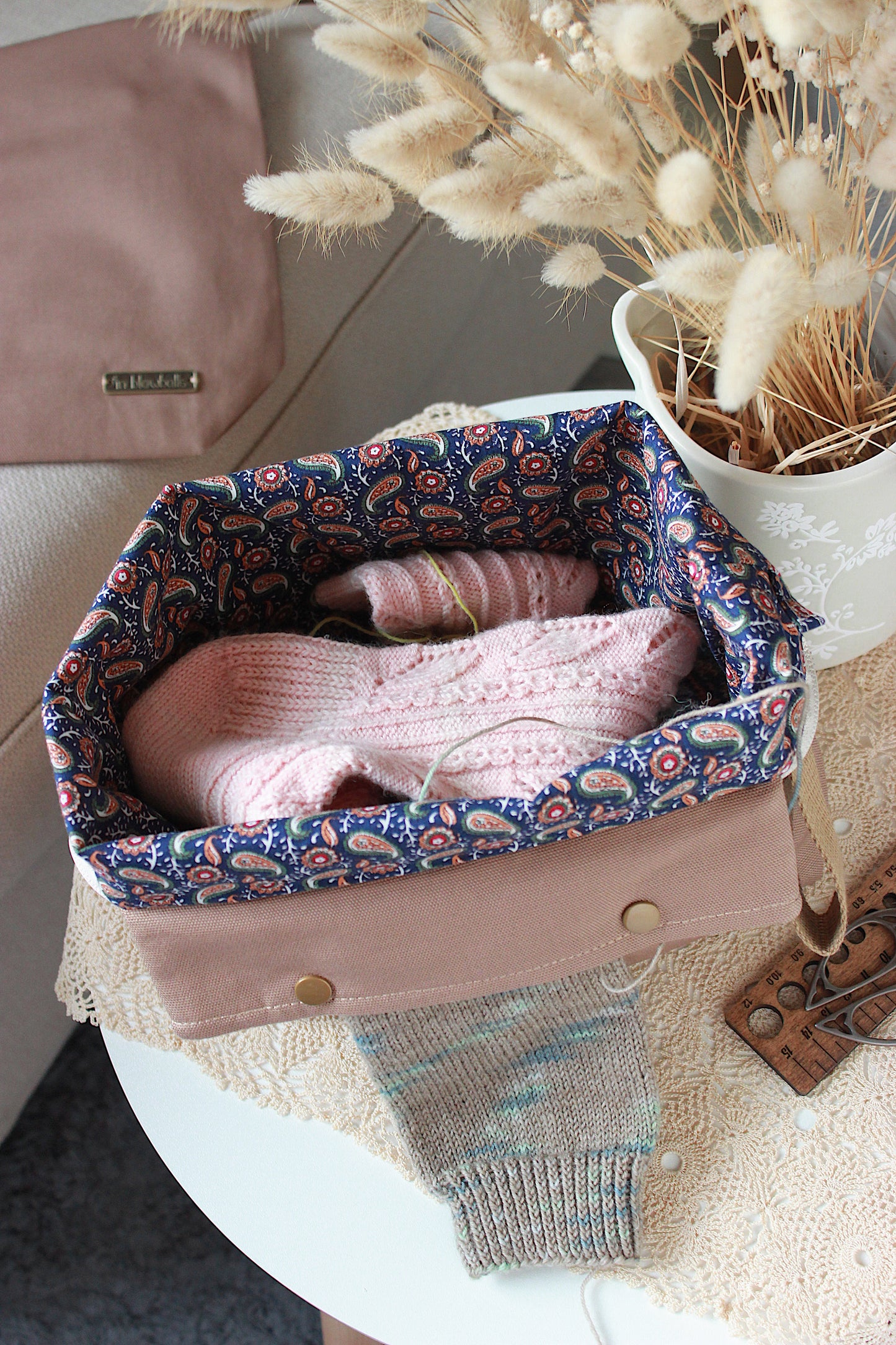 Latte Canvas Knitting Project Bag with Built-in DPN Holder