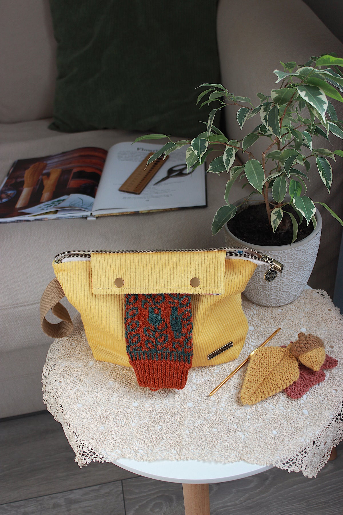 Yellow Corduroy Knitting Project Bag with Built-in Needle Holder & Matching Squeeze Purse |Handmade To Order