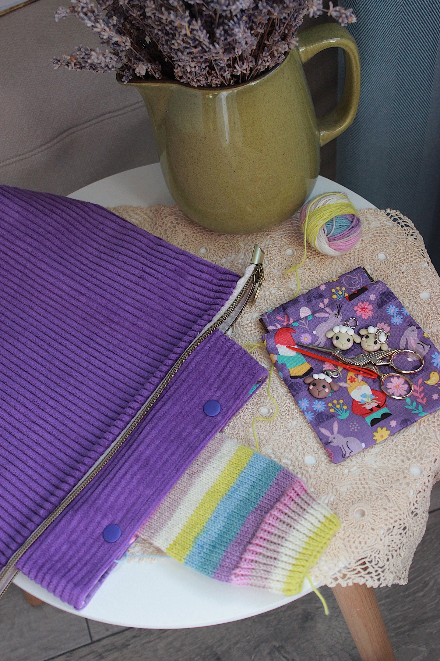Easter Inspired Purple Corduroy Knitting Project Bag with Built-in Needle Holder & Matching Squeeze Purse