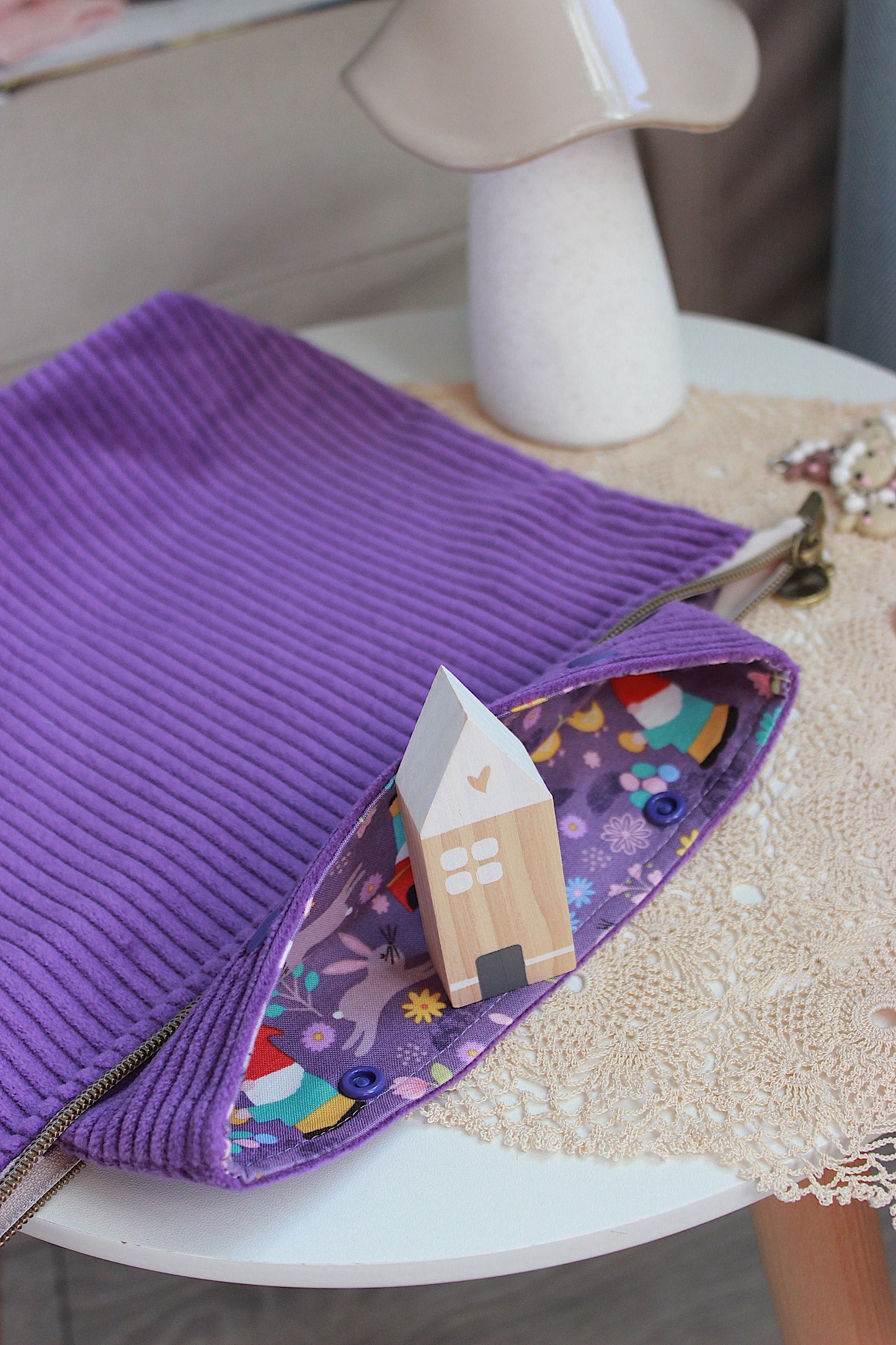 Easter Inspired Purple Corduroy Knitting Project Bag with Built-in Needle Holder & Matching Squeeze Purse