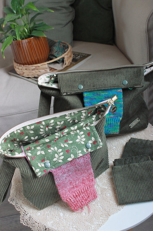 Olive Green Corduroy Knitting Project Bag with Built-in Needle Holder & Matching Squeeze Purse