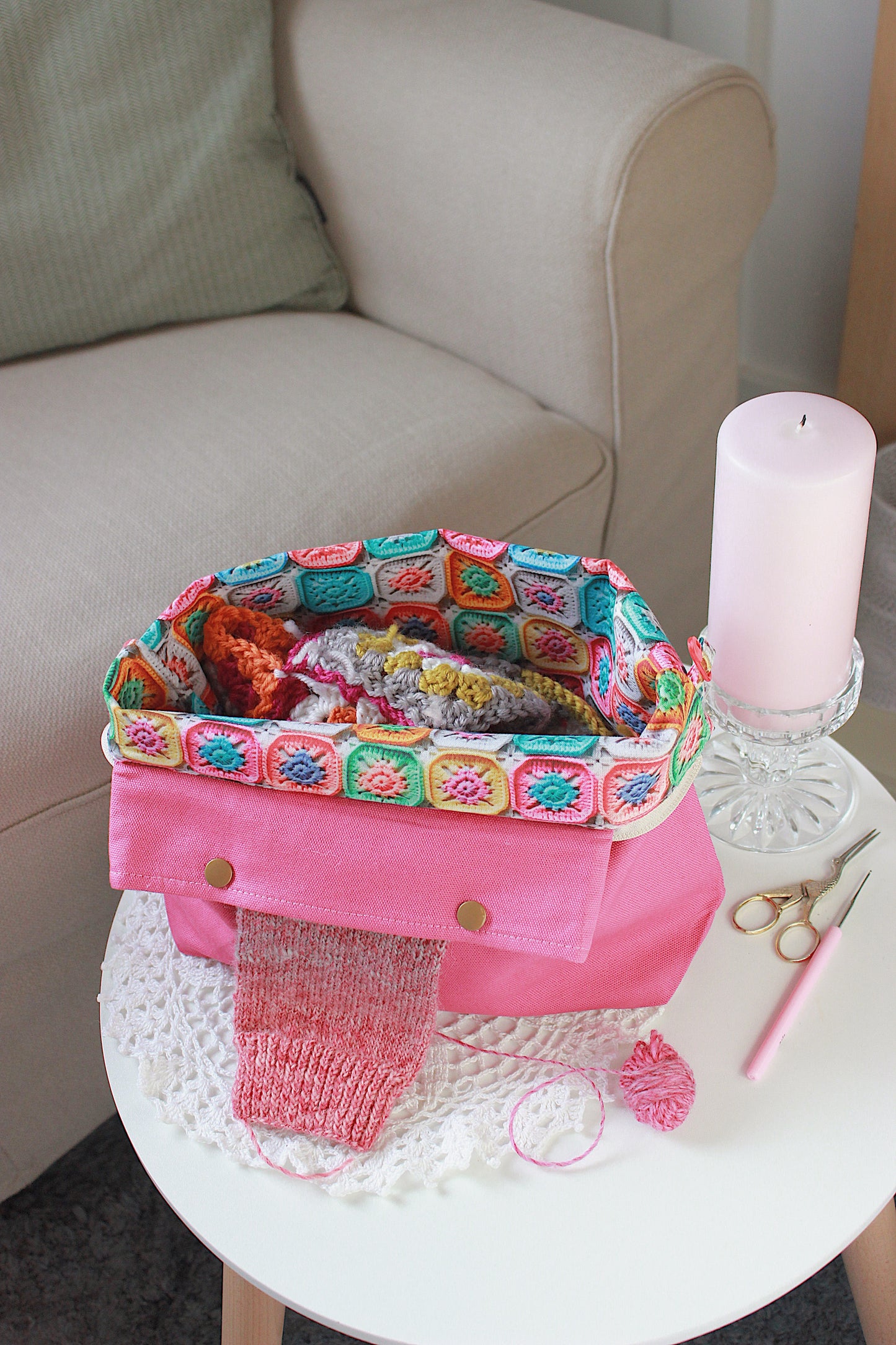 Petunia Panama Canvas Knitting Project Bag with Built-in DPN Holder