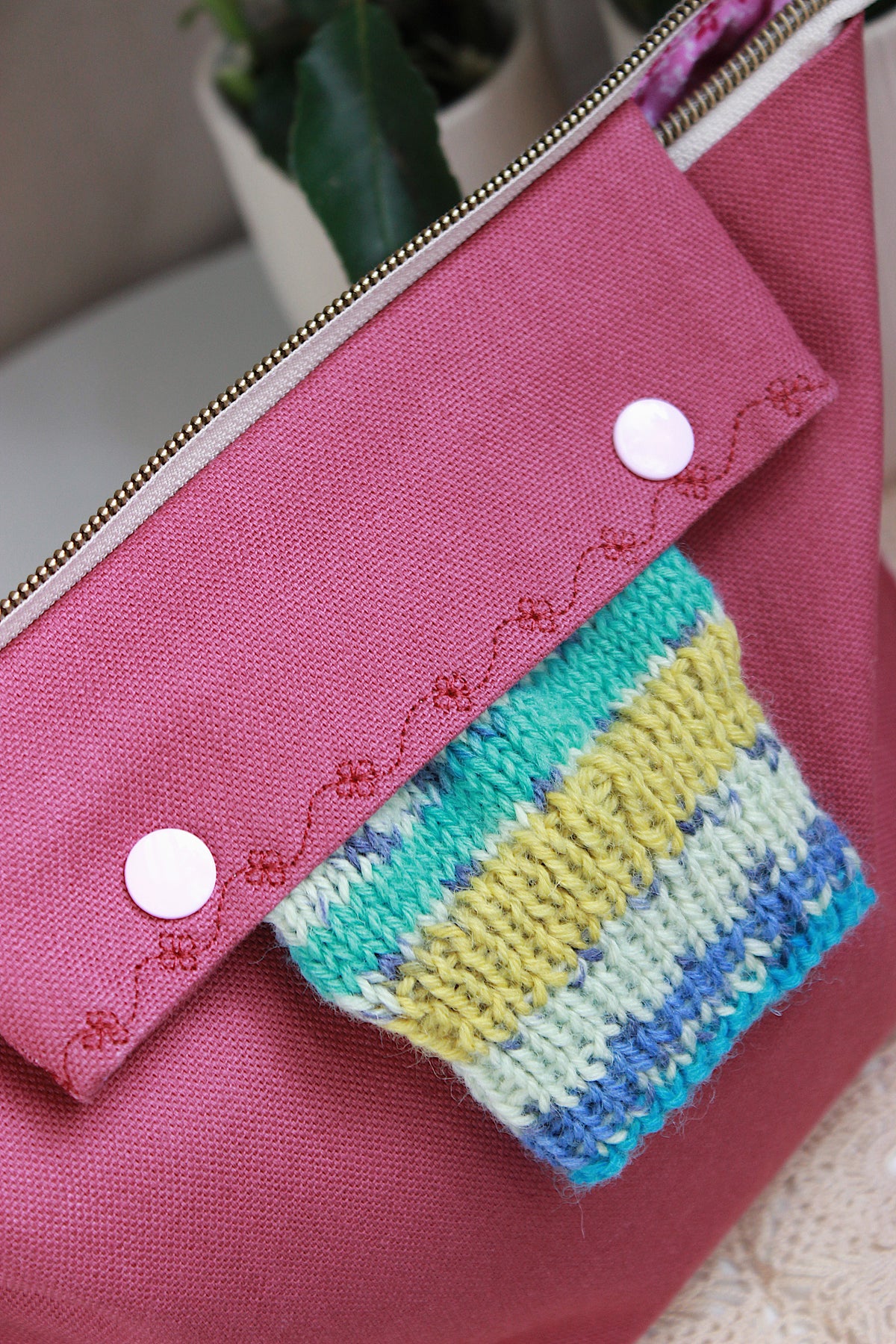 Magenta Canvas Knitting Project Bag with Built-in DPN Holder