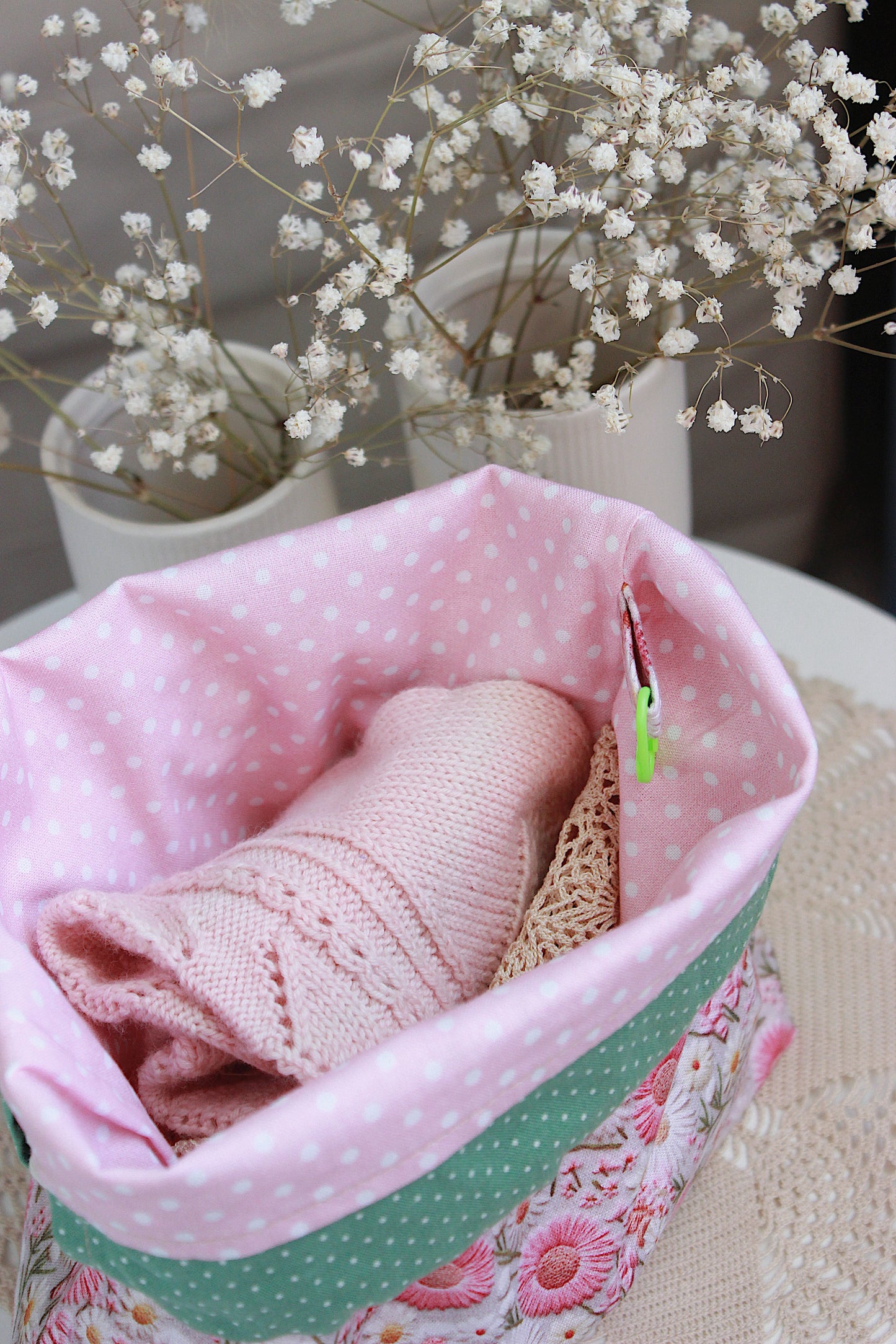 Embroidery Look Pink Floral Drawstring Project Bag & DPN/Crochet Hook Holder