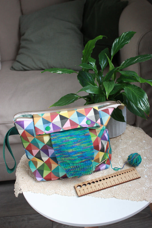 Vibrant Triangle Canvas Knitting Project Bag with Built-in DPN Holder