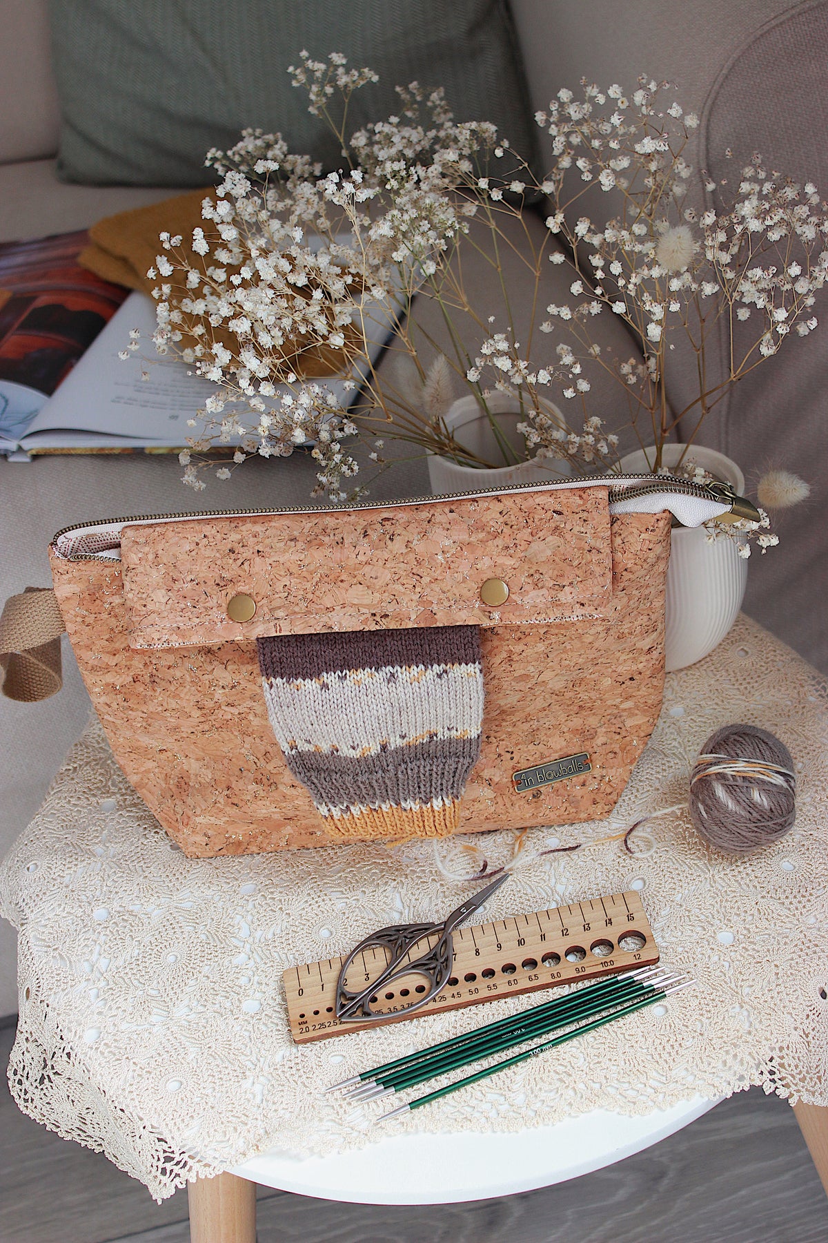 Cork Fabric Knitting Project Bag with Built-in Needle Holder