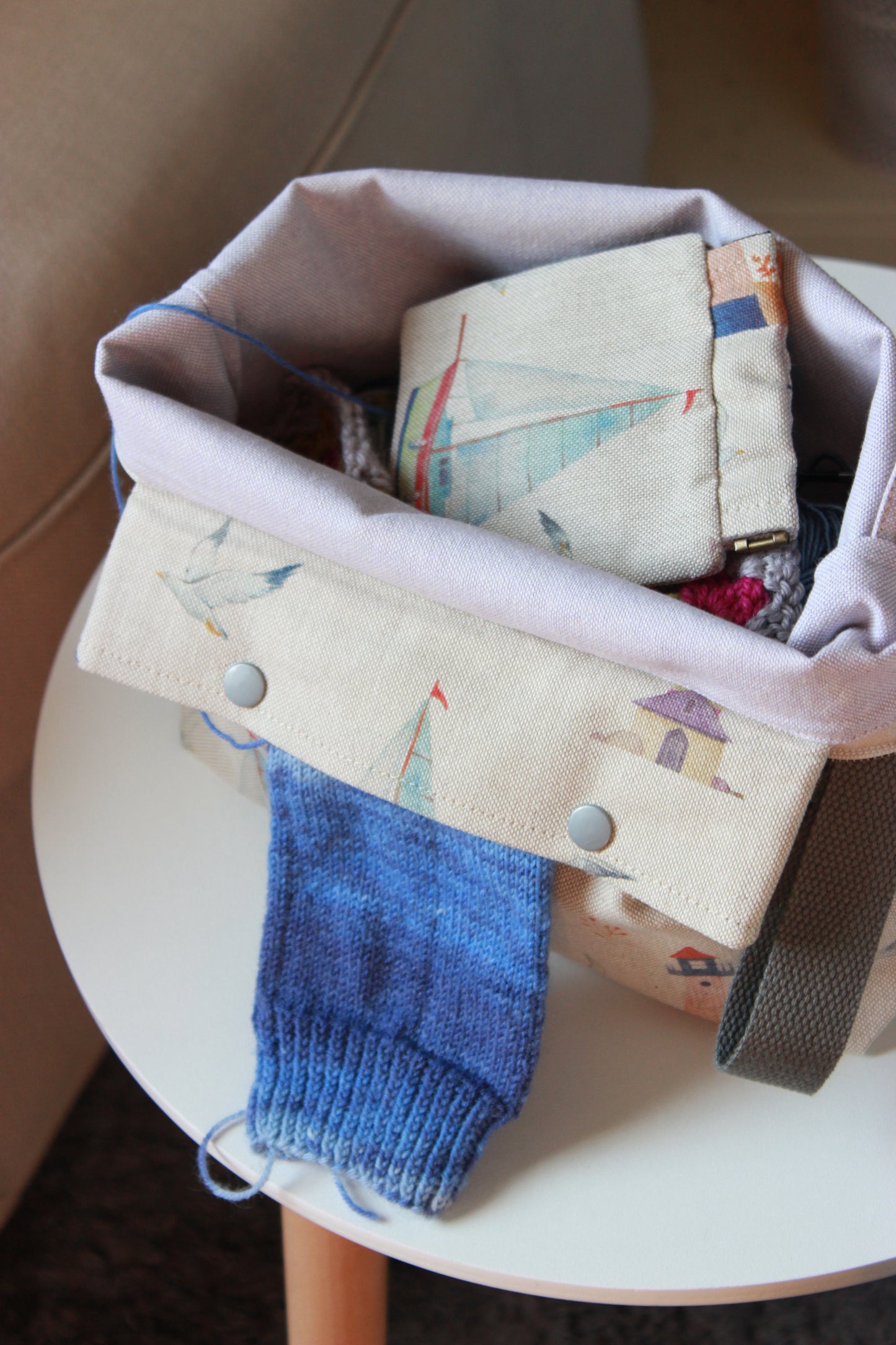 Knitting Project Bag with Built-in 20cm 8” DPN Holder & Matching Squeeze Purse | Coastal Romance Printed Digital Canvas Fabric