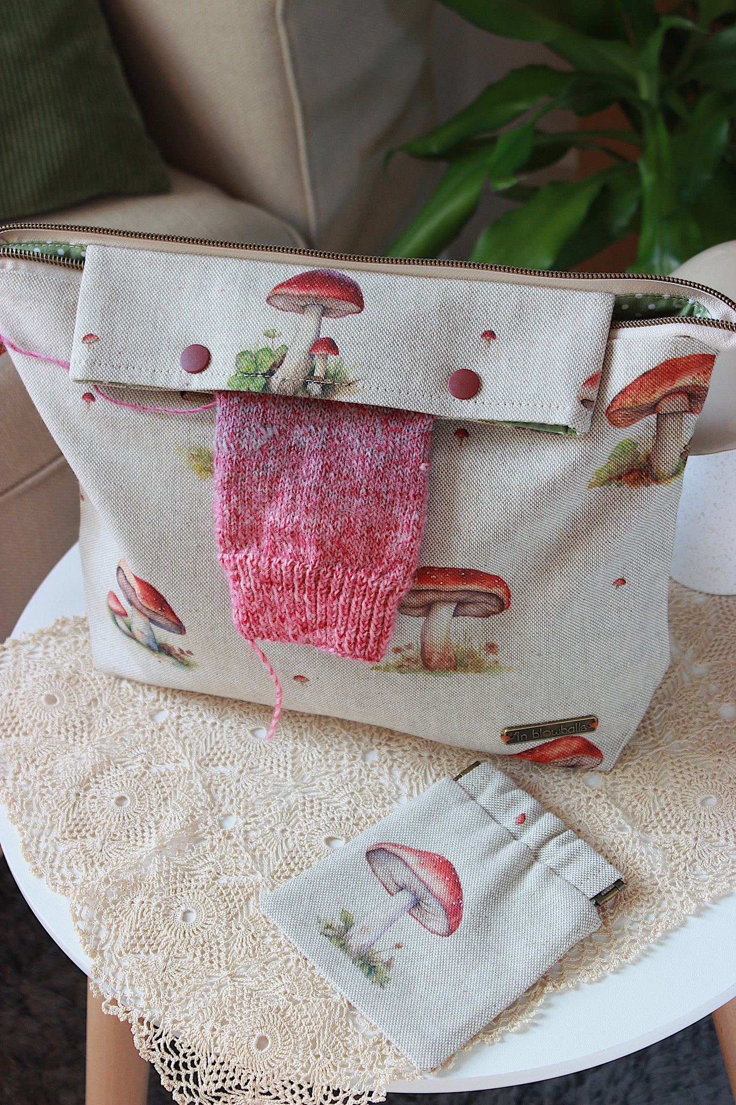 Knitting Project Bag with Built-in 20cm 8” DPN Holder & Matching Squeeze Purse | Mushrooms Printed Digital Canvas Fabric