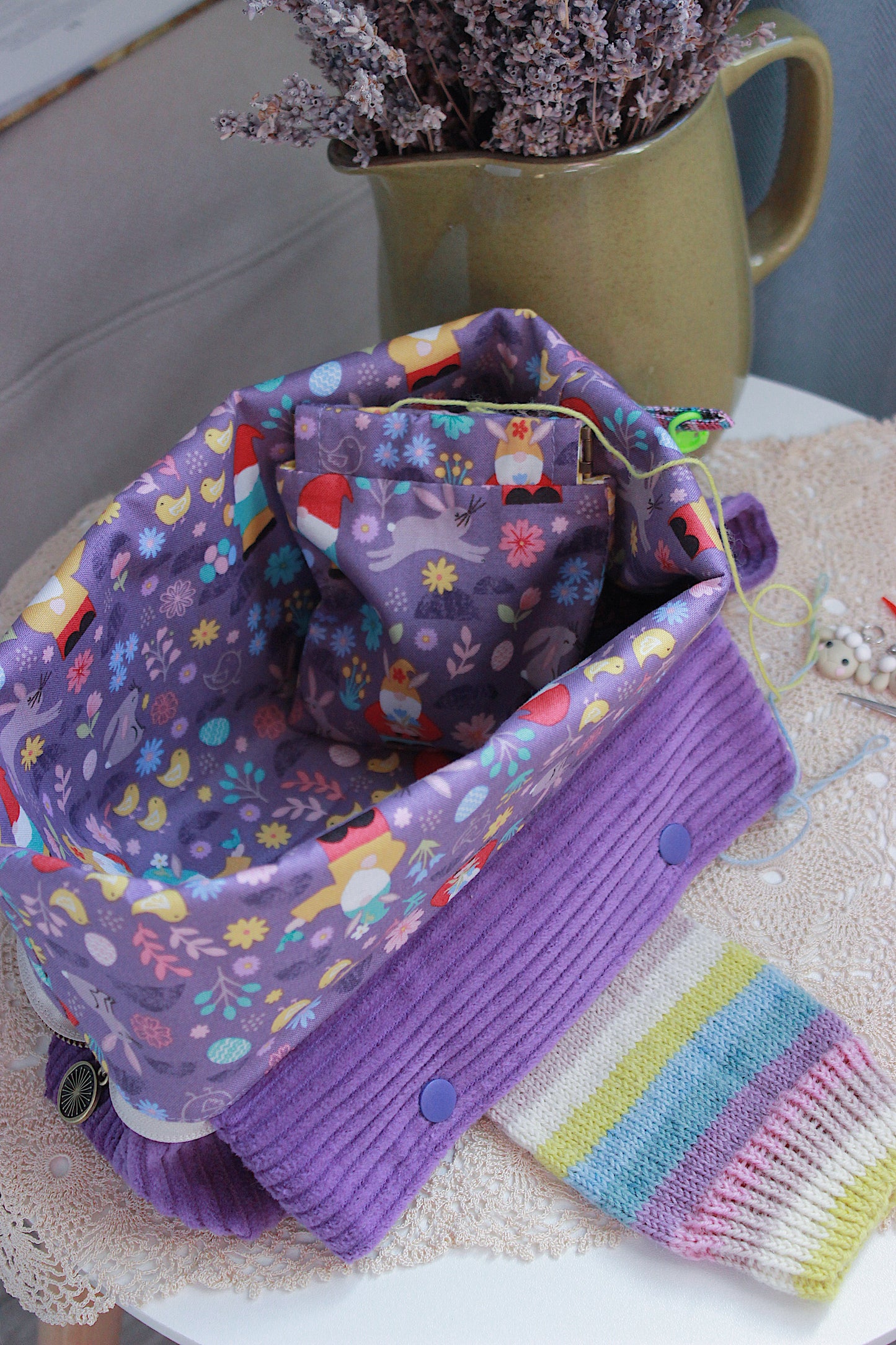 Easter Inspired Purple Corduroy Knitting Project Bag with Built-in Needle Holder & Matching Squeeze Purse