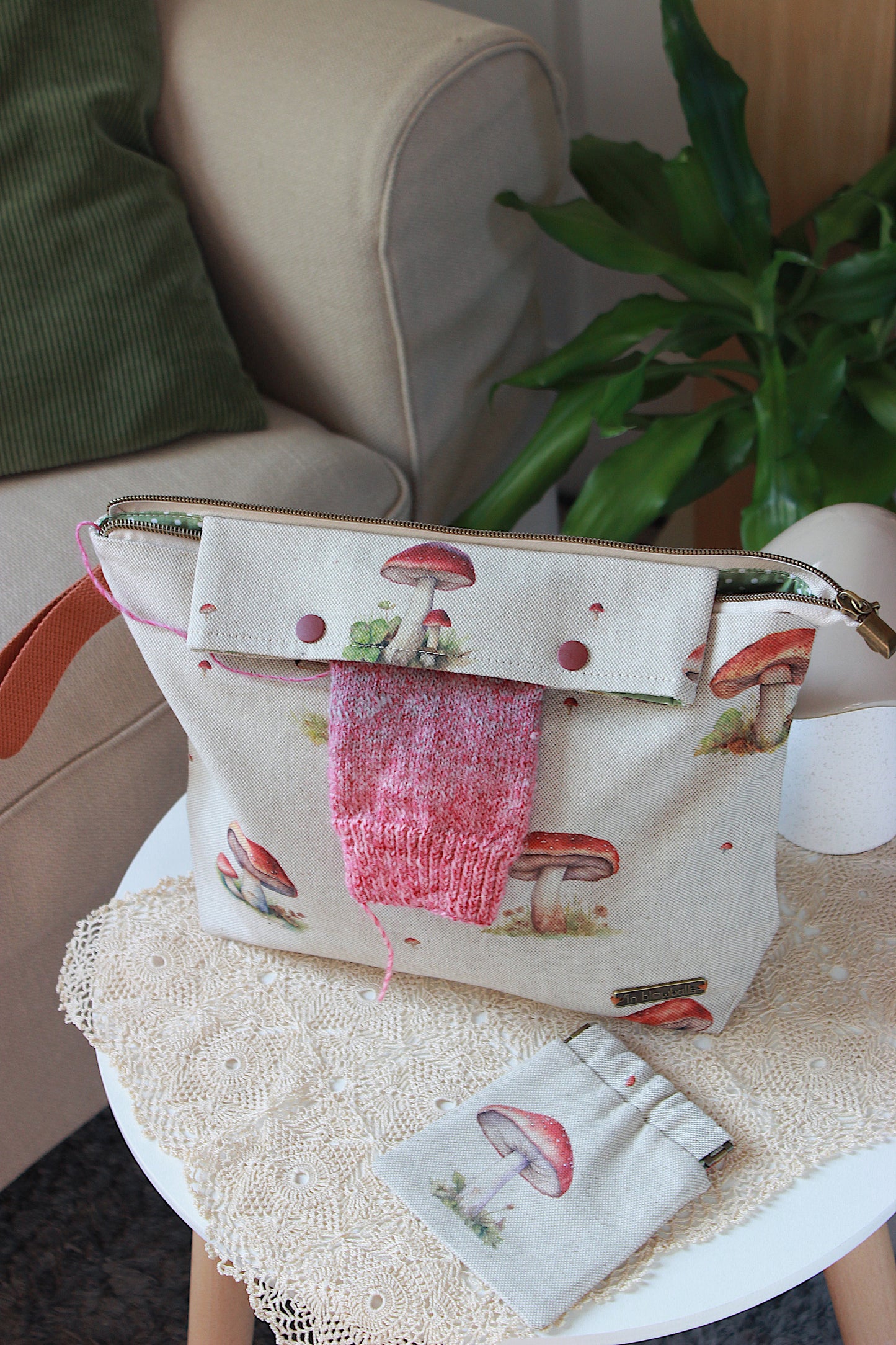Knitting Project Bag with Built-in 20cm 8” DPN Holder & Matching Squeeze Purse | Mushrooms Printed Digital Canvas Fabric