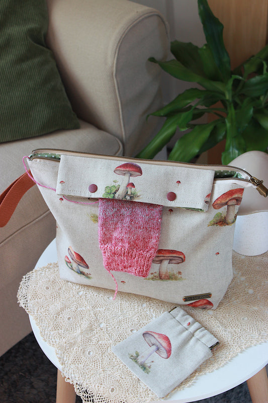 Knitting Project Bag with Built-in 20cm 8” DPN Holder & Matching Squeeze Purse | Mushrooms Printed Digital Canvas Fabric