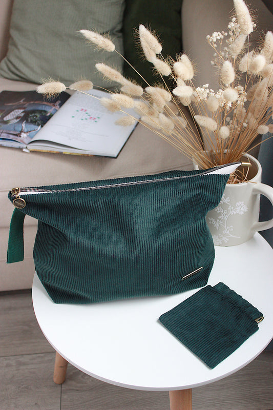 Handmade To Order Bottle Green Corduroy Knitting Project Bag with Built-in Needle Holder