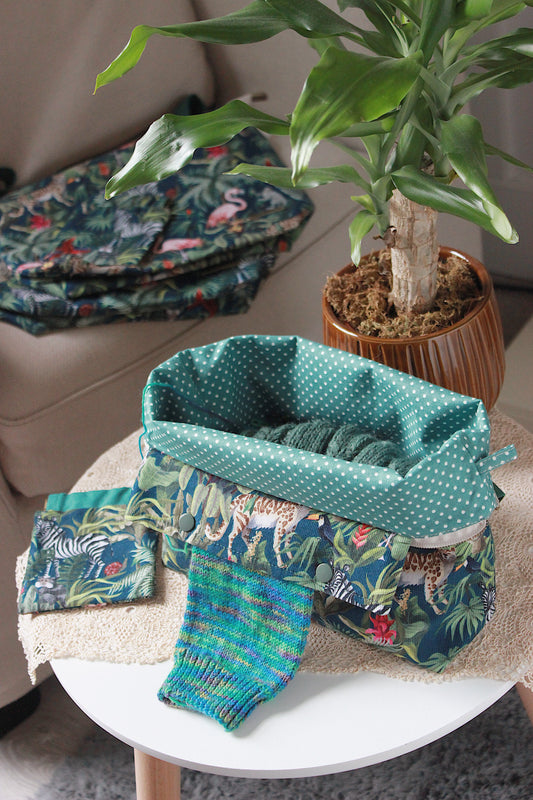 Jungle Print Needlecord Knitting Project Bag with Built-in DPN Holder & Squeeze Purse