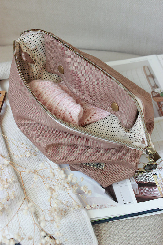 Latte Canvas Knitting Project Bag with Built-in DPN Holder| Polka Dots Lining