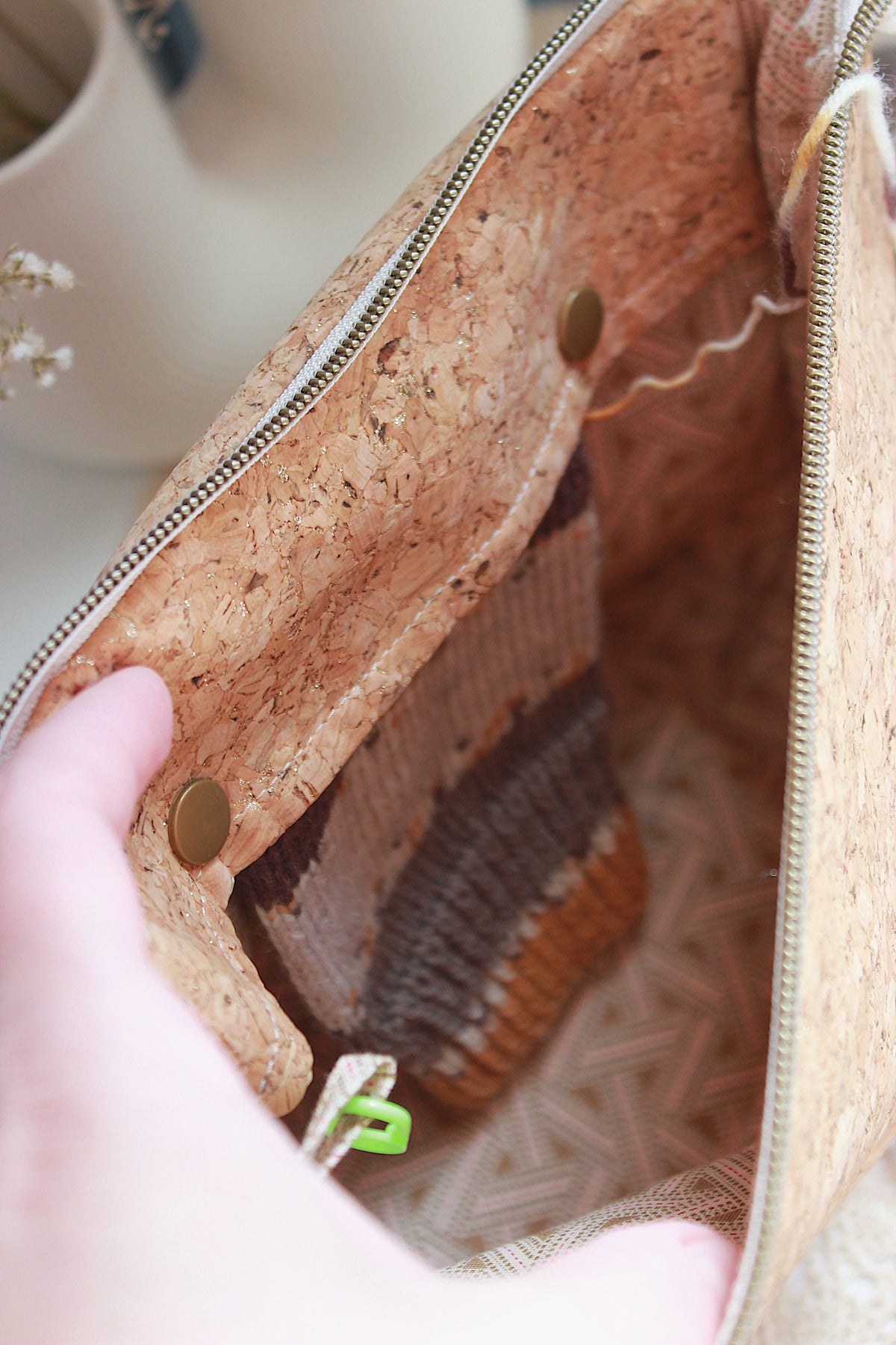 Cork Fabric Knitting Project Bag with Built-in Needle Holder