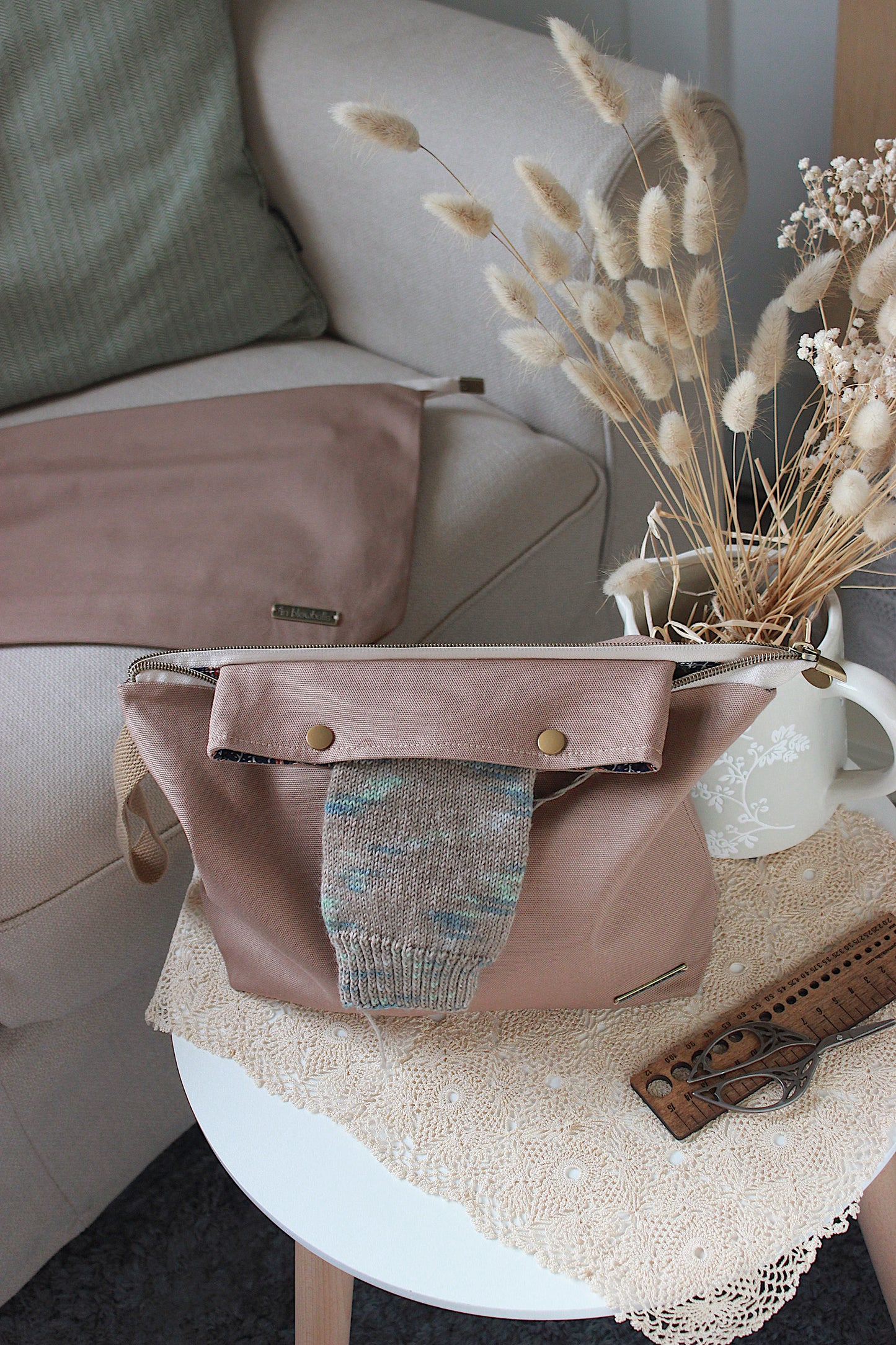 Latte Canvas Knitting Project Bag with Built-in DPN Holder