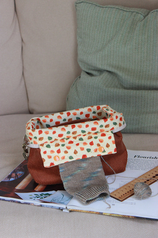 Autumn Leaves Corduroy Knitting Project Bag with Built-in Needle Holder & Matching Squeeze Purse