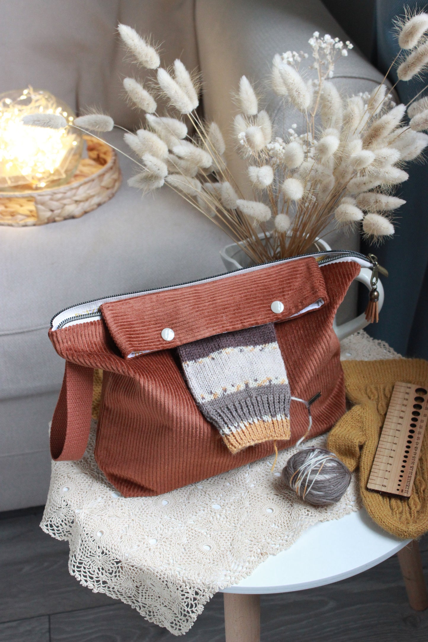 Handmade to Order|Autumn Vibes Corduroy Knitting Project Bag with Built-in Needle Holder