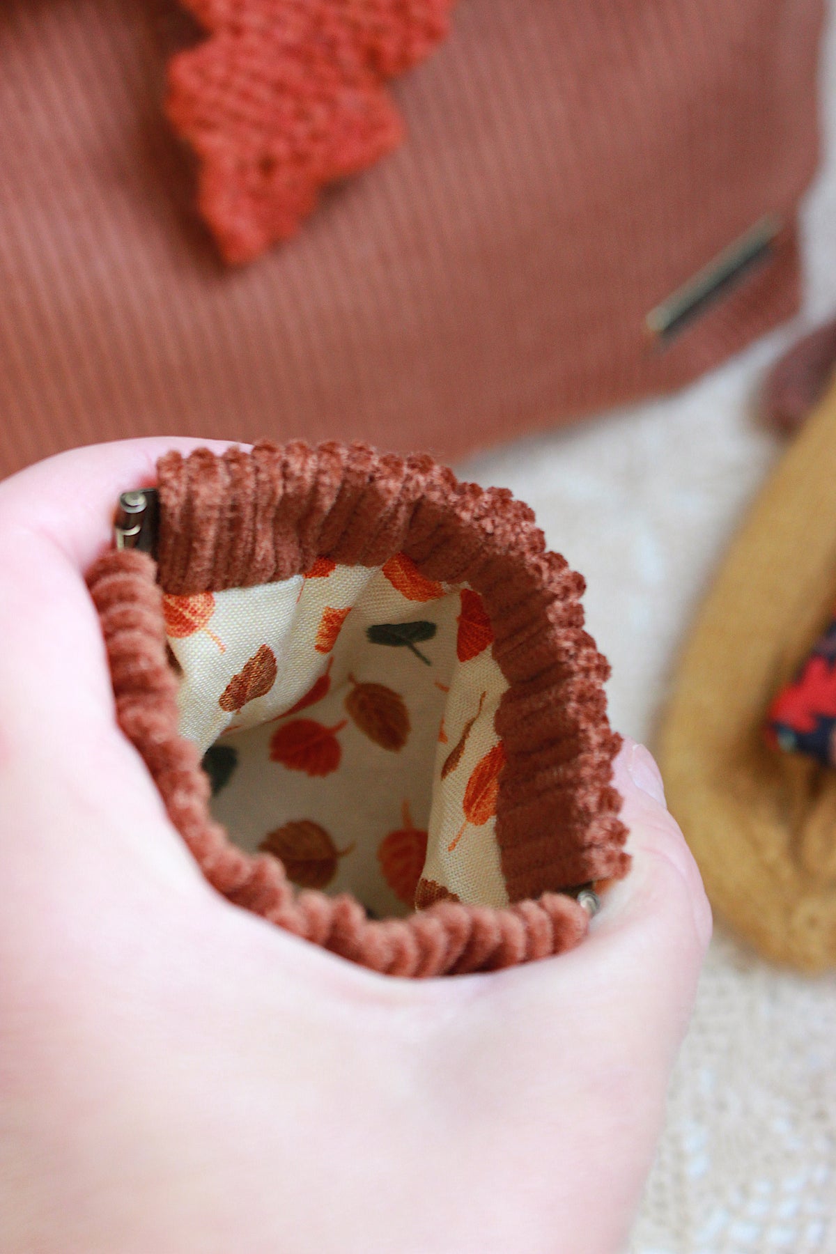 Autumn Leaves Corduroy Knitting Project Bag with Built-in Needle Holder & Matching Squeeze Purse