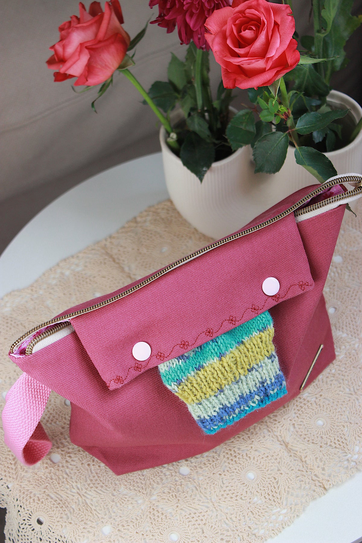 Magenta Canvas Knitting Project Bag with Built-in DPN Holder
