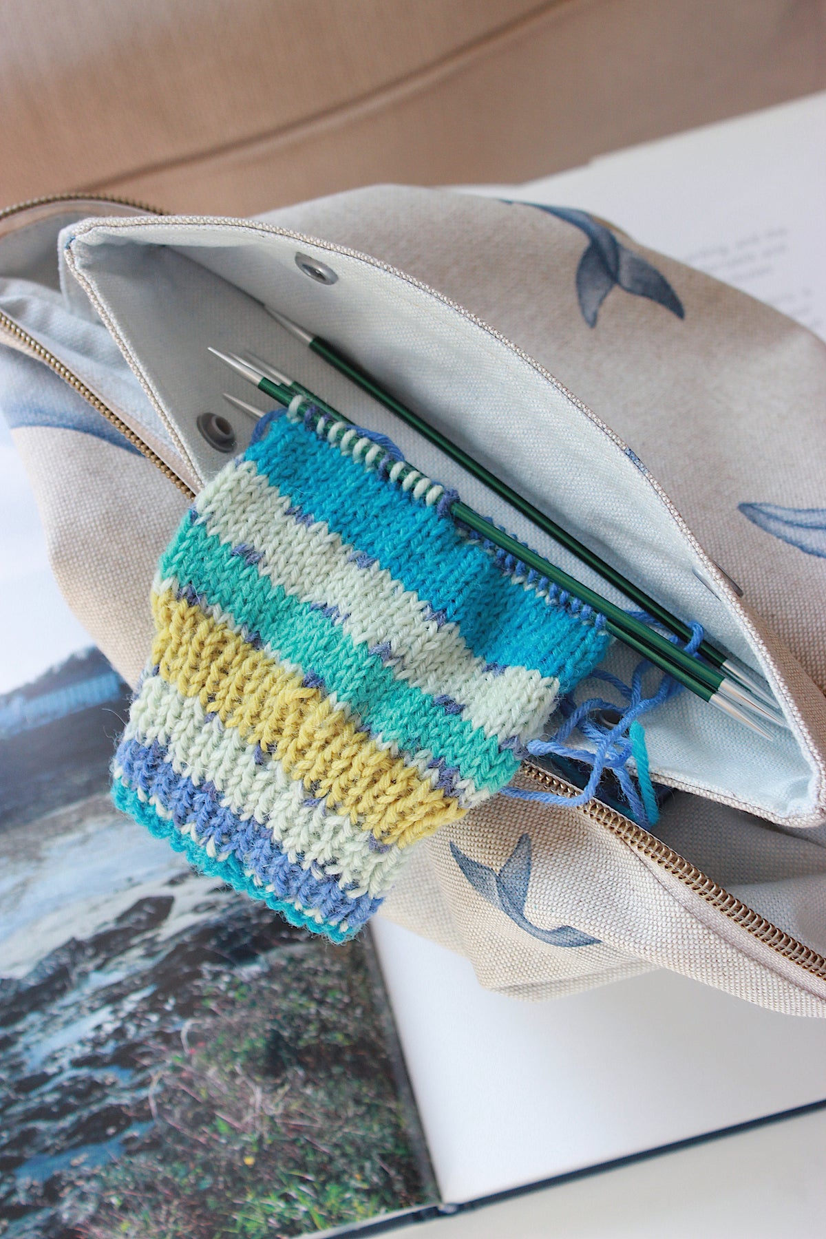 Knitting Project Bag with Built-in DPN Holder “Whales” Print  Printed Digital Canvas Fabric | Handmade To Order