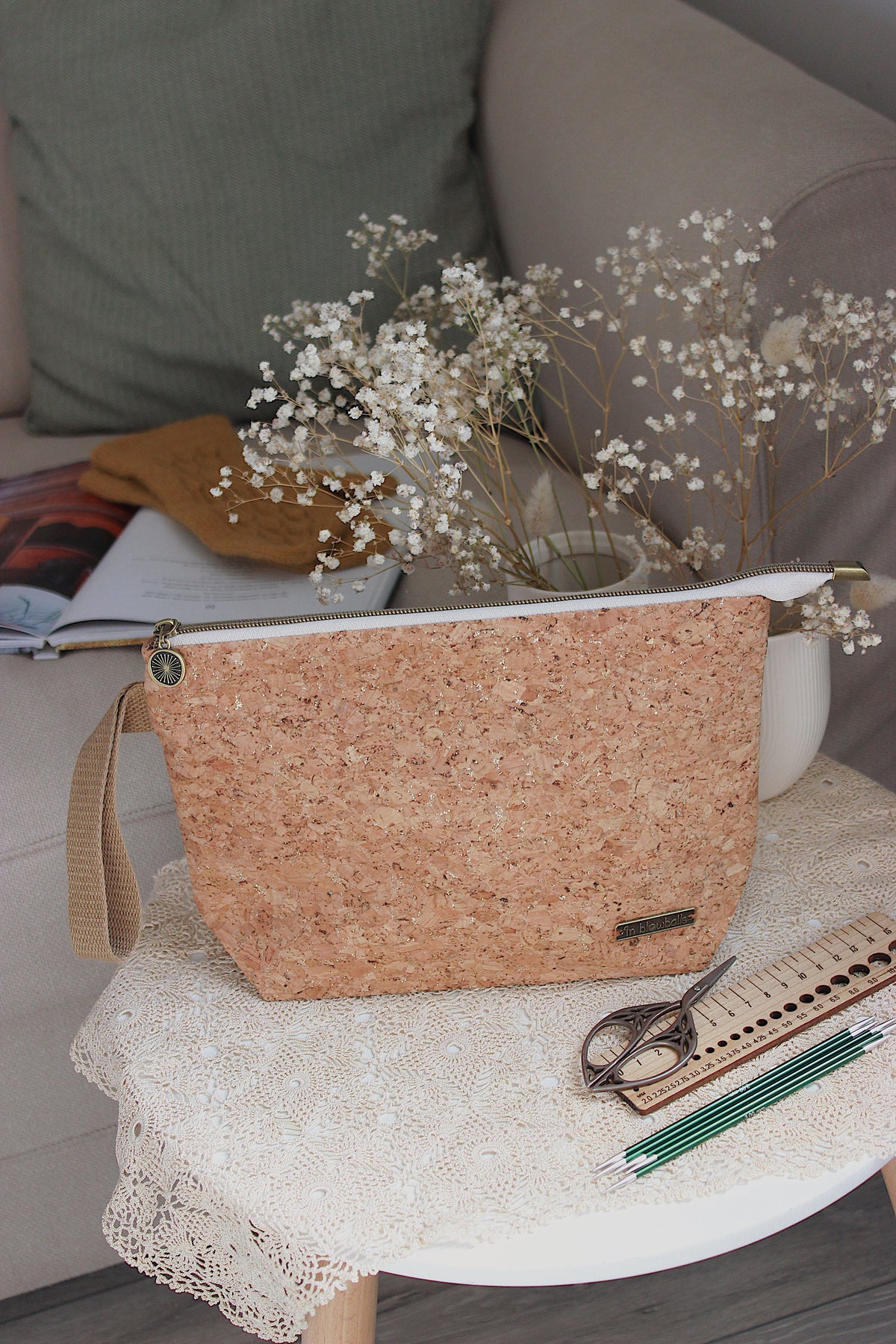 Cork Fabric Knitting Project Bag with Built-in Needle Holder