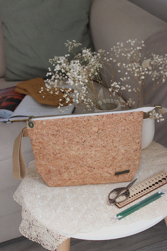 Cork Fabric Knitting Project Bag with Built-in Needle Holder