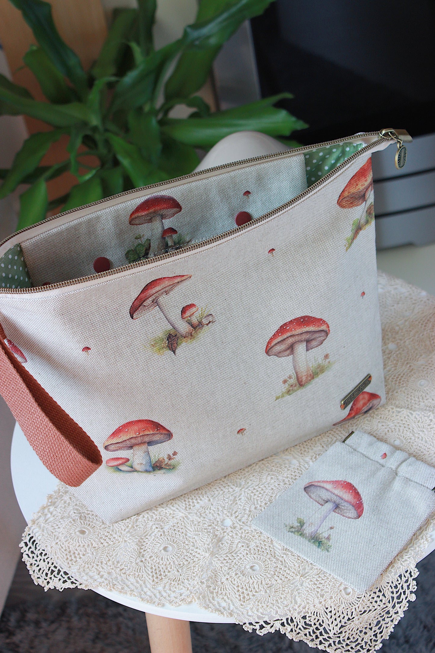 Knitting Project Bag with Built-in 20cm 8” DPN Holder & Matching Squeeze Purse | Mushrooms Printed Digital Canvas Fabric