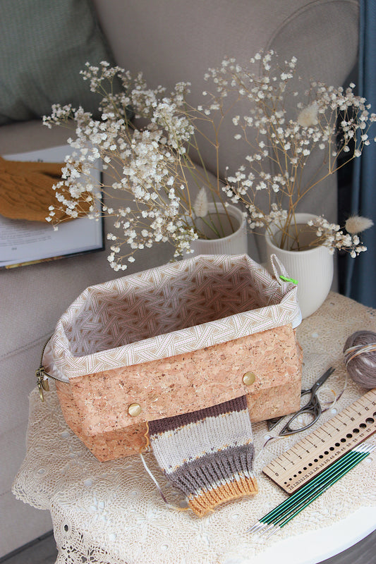 Cork Fabric Knitting Project Bag with Built-in Needle Holder