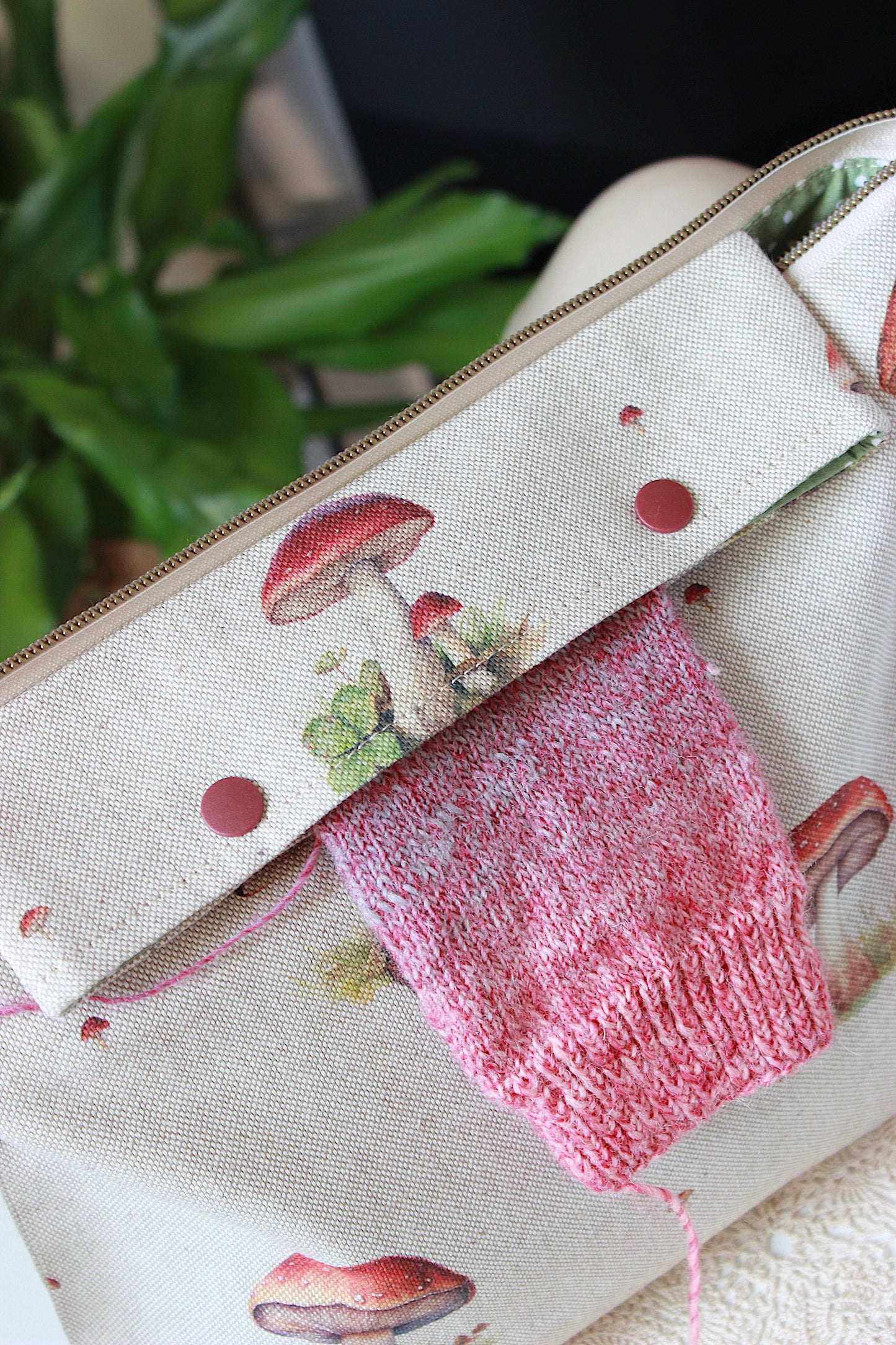 Knitting Project Bag with Built-in 20cm 8” DPN Holder & Matching Squeeze Purse | Mushrooms Printed Digital Canvas Fabric