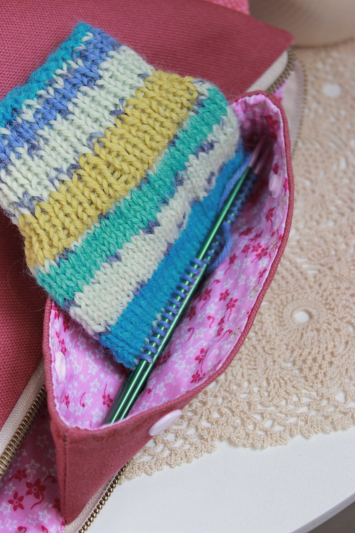 Magenta Canvas Knitting Project Bag with Built-in DPN Holder