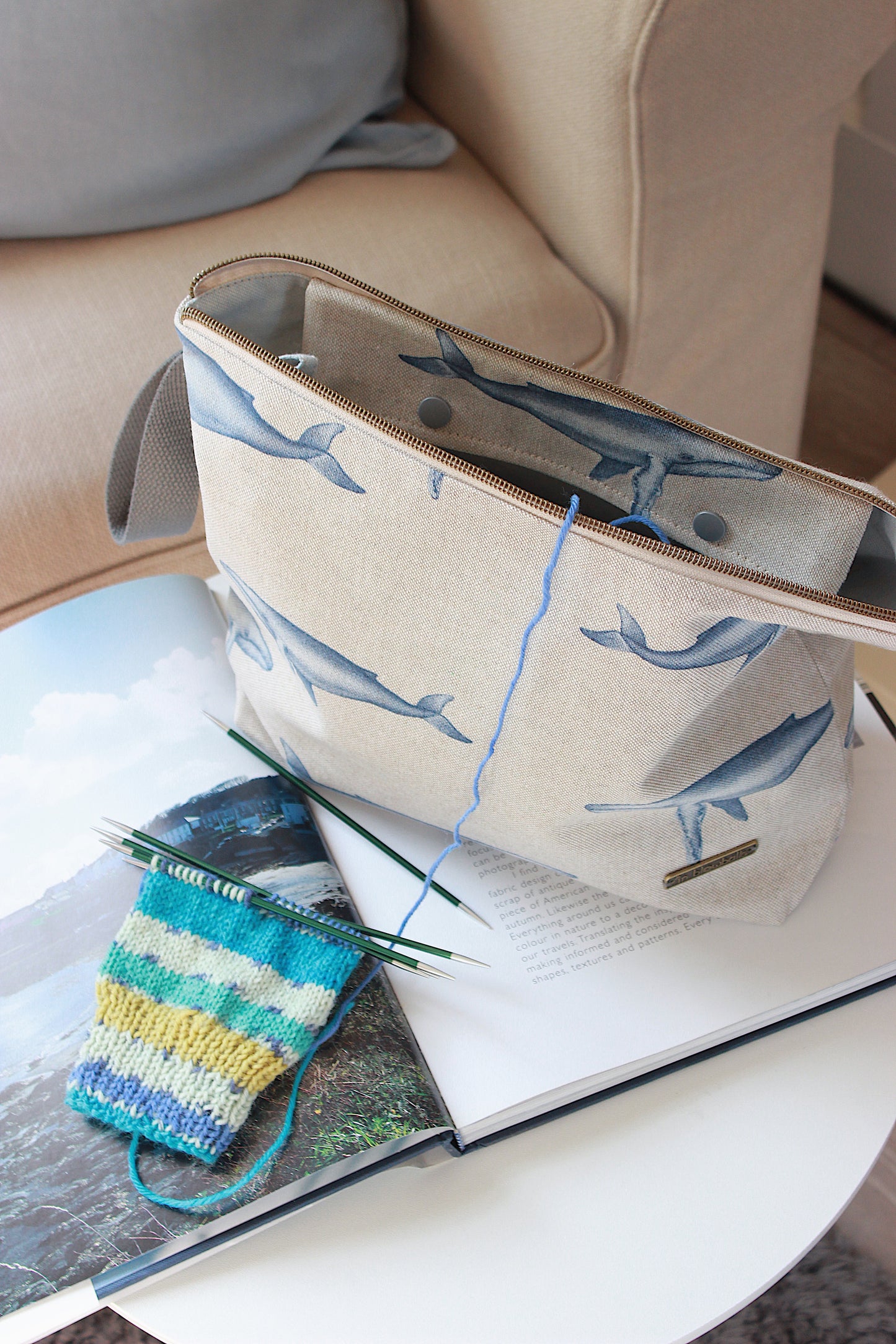 Knitting Project Bag with Built-in DPN Holder “Whales” Print  Printed Digital Canvas Fabric | Handmade To Order