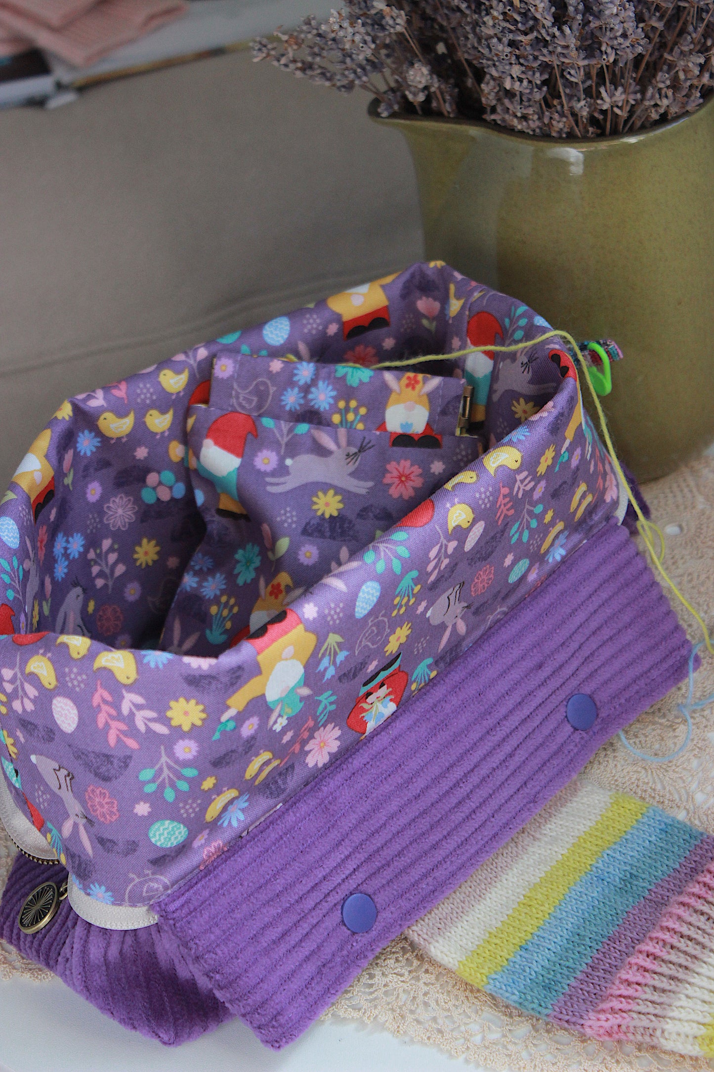 Easter Inspired Purple Corduroy Knitting Project Bag with Built-in Needle Holder & Matching Squeeze Purse