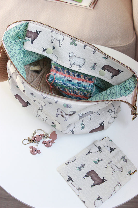 Knitting Project Bag with Built-in 20cm 8” DPN Holder & Matching Squeeze Purse | Sheep Printed Digital Cotton Fabric