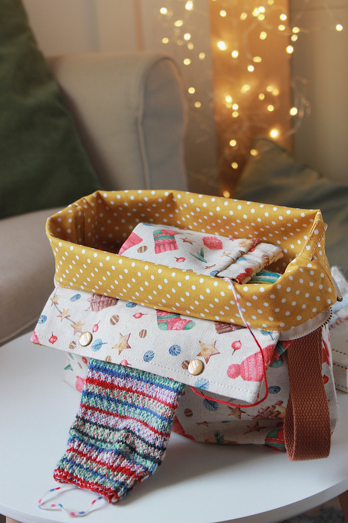 Christmas Knitting Project Bag with Built-in 20cm 8” Needle Holder | Printed Digital Canvas Fabric | Mustard Polka-dot Cotton Lining