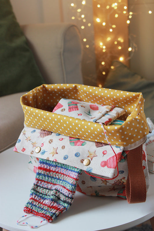 Christmas Knitting Project Bag with Built-in 20cm 8” Needle Holder | Printed Digital Canvas Fabric | Mustard Polka-dot Cotton Lining