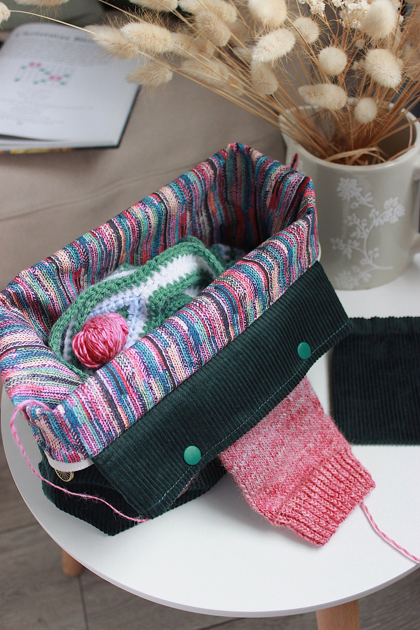 Handmade To Order Bottle Green Corduroy Knitting Project Bag with Built-in Needle Holder