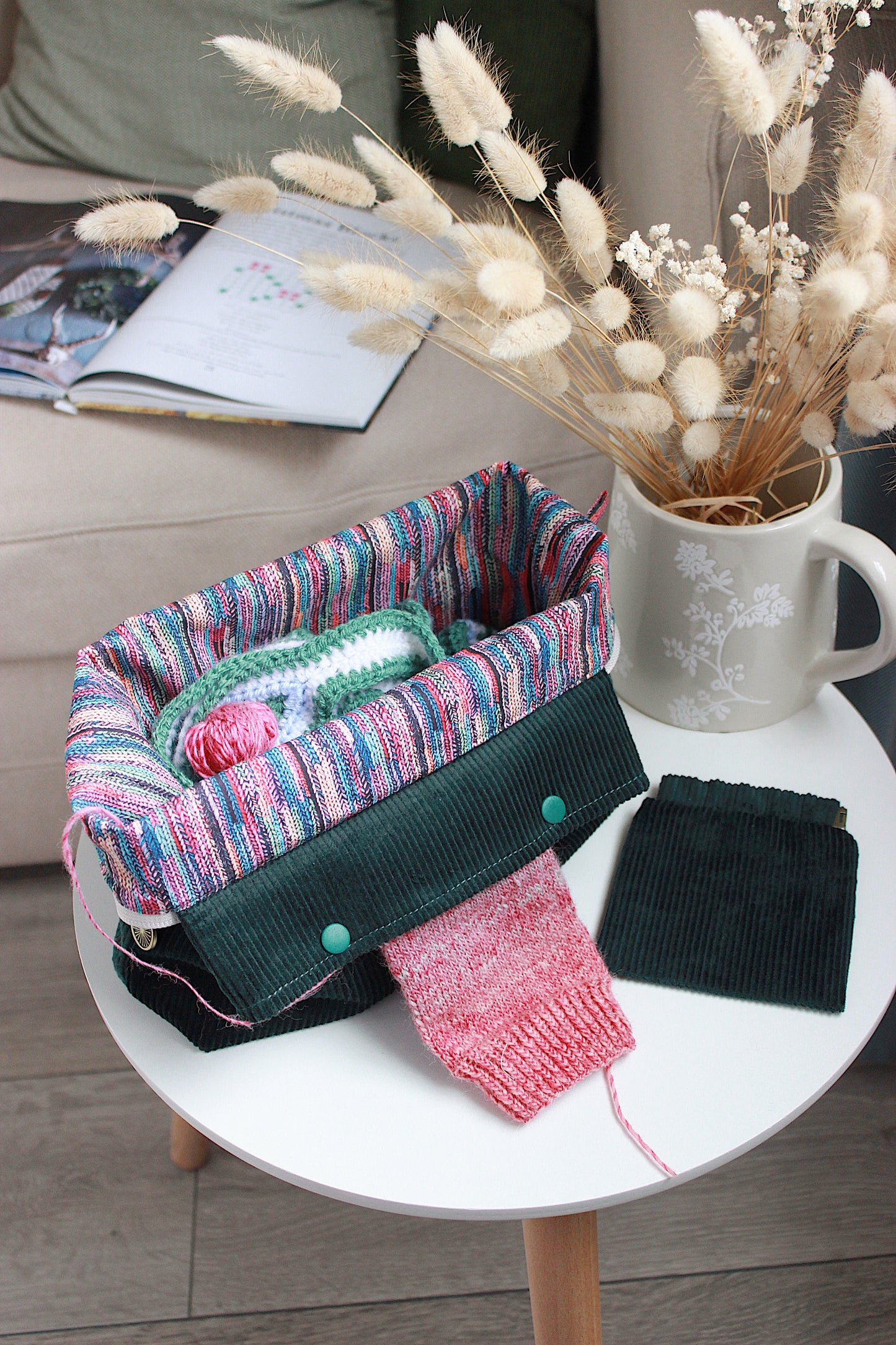 Handmade To Order Bottle Green Corduroy Knitting Project Bag with Built-in Needle Holder