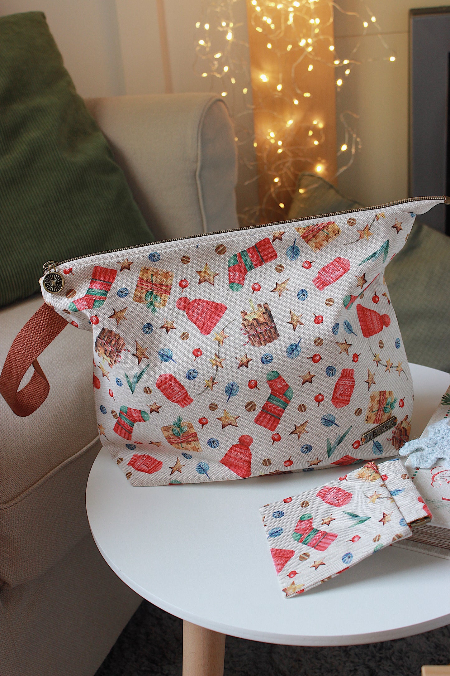 Christmas Knitting Project Bag with Built-in 20cm 8” Needle Holder | Printed Digital Canvas Fabric | Mustard Polka-dot Cotton Lining
