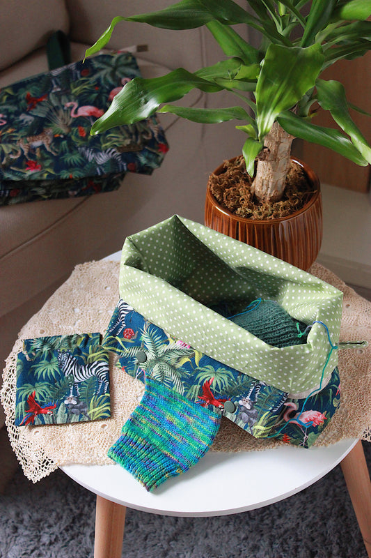 Jungle Print Needlecord Knitting Project Bag with Built-in DPN Holder & Squeeze Purse