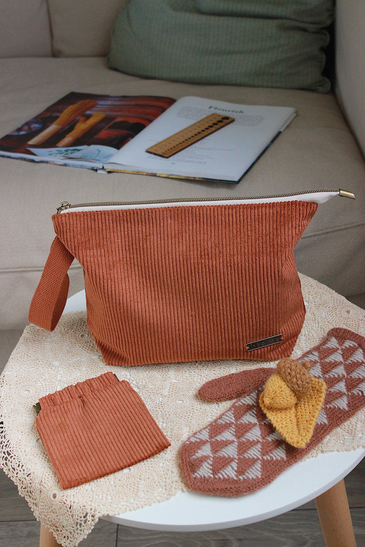 Autumn Leaves Corduroy Knitting Project Bag with Built-in Needle Holder & Matching Squeeze Purse