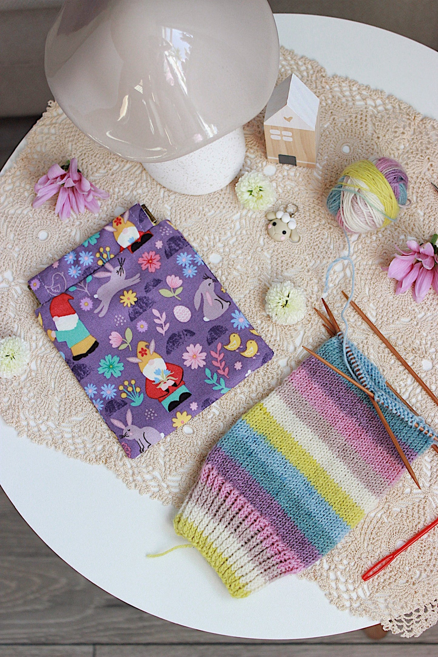 Easter Inspired Purple Corduroy Knitting Project Bag with Built-in Needle Holder & Matching Squeeze Purse