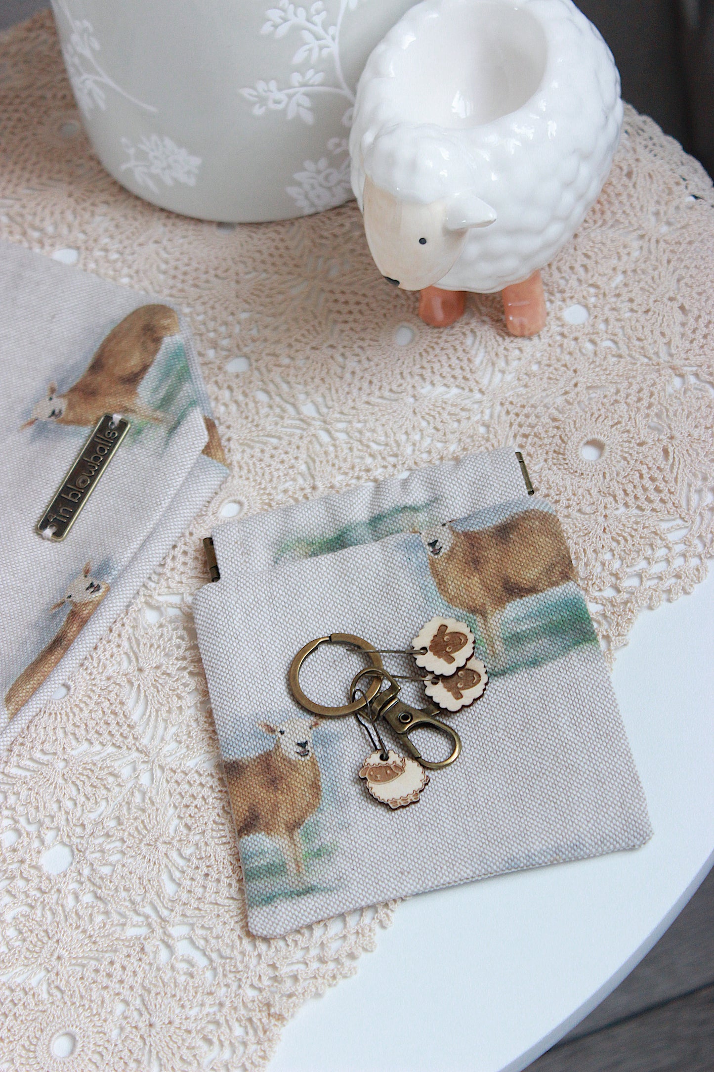 Knitting Project Bag with Built-in 20cm 8” DPN Holder & Matching Squeeze Purse | Sheep Printed Digital Canvas Fabric