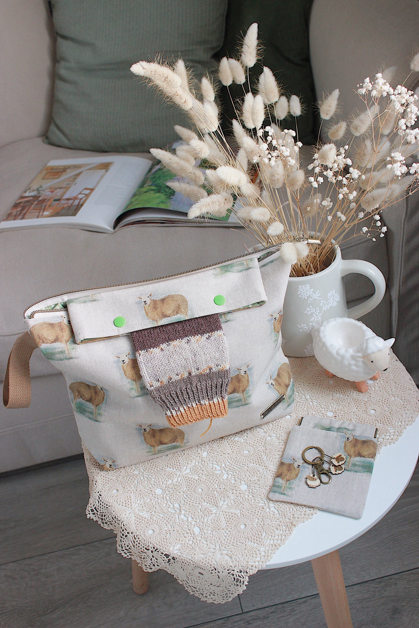 Knitting Project Bag with Built-in 20cm 8” DPN Holder & Matching Squeeze Purse | Sheep Printed Digital Canvas Fabric