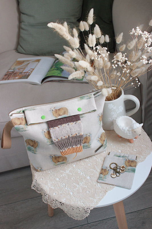 Knitting Project Bag with Built-in 20cm 8” DPN Holder & Matching Squeeze Purse | Sheep Printed Digital Canvas Fabric