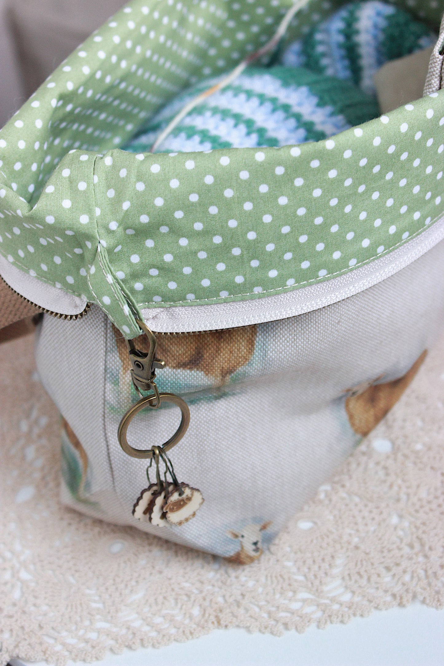 Knitting Project Bag with Built-in 20cm 8” DPN Holder & Matching Squeeze Purse | Sheep Printed Digital Canvas Fabric