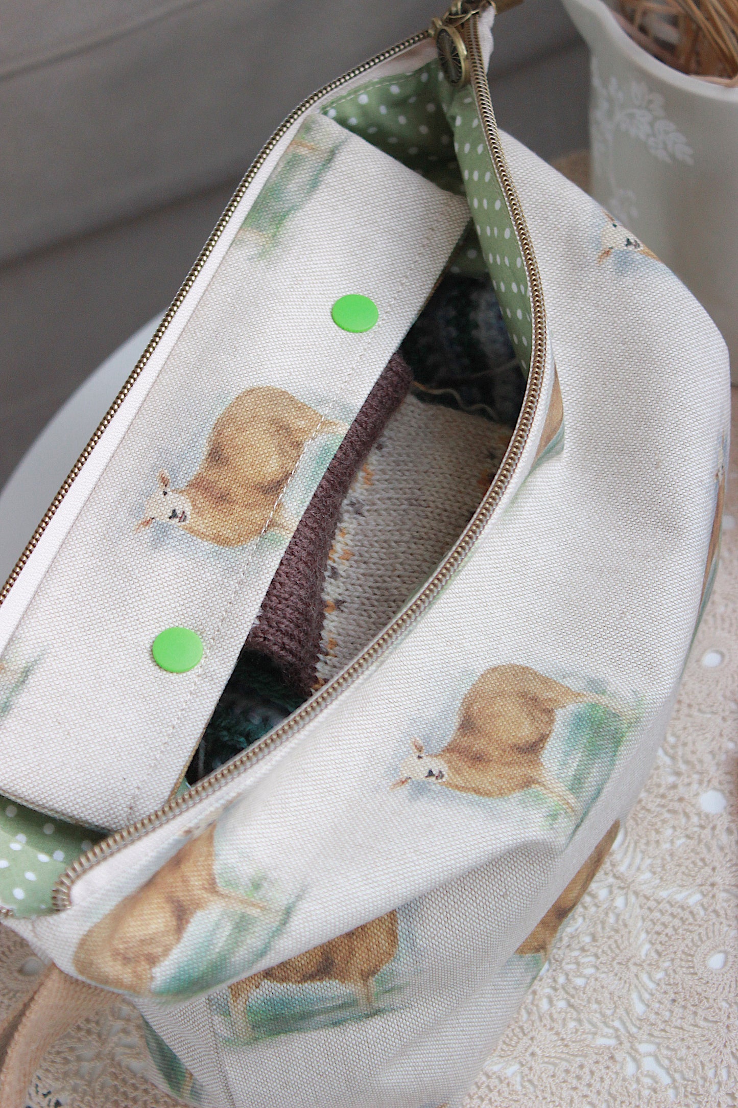 Knitting Project Bag with Built-in 20cm 8” DPN Holder & Matching Squeeze Purse | Sheep Printed Digital Canvas Fabric