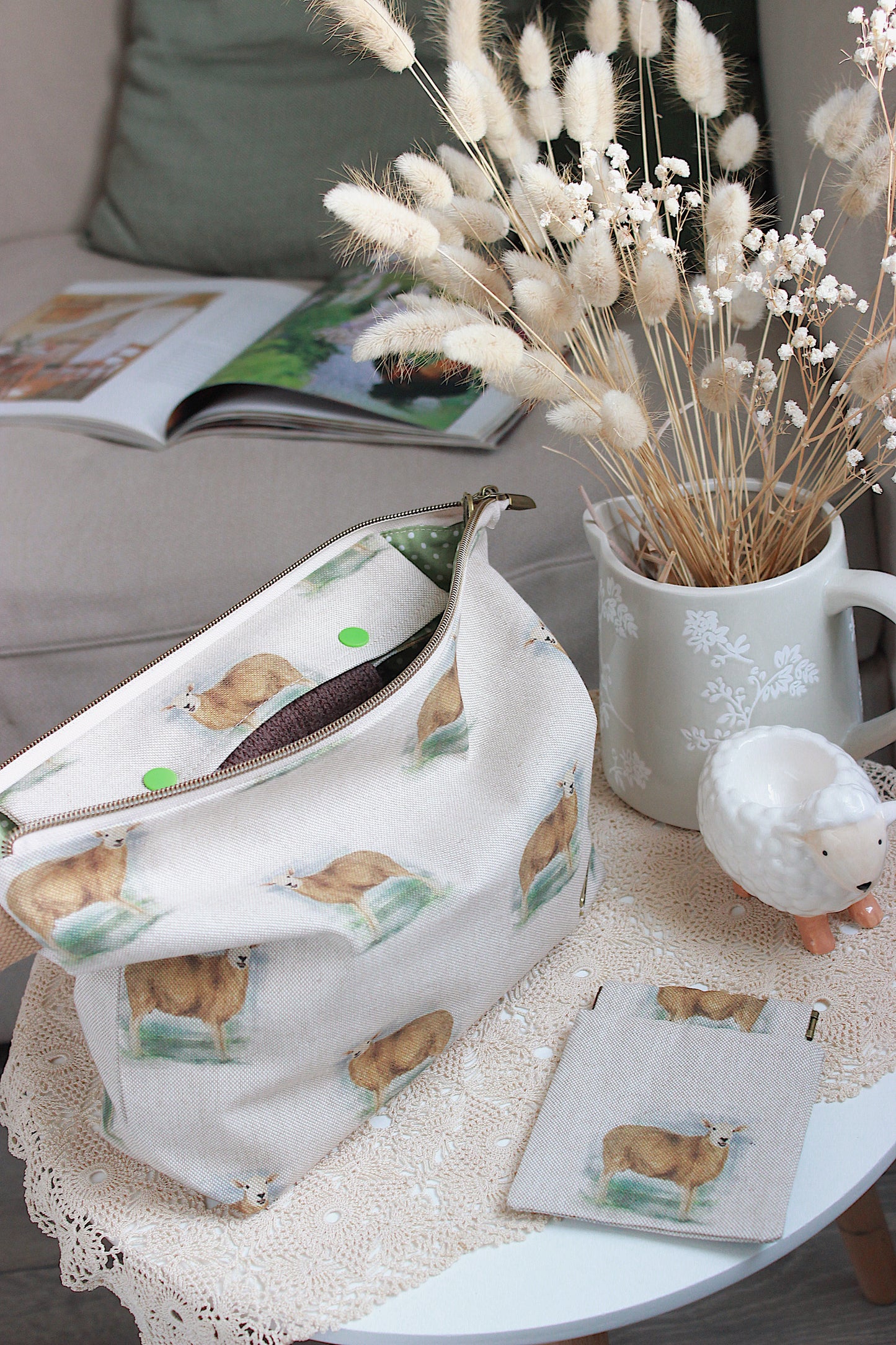 Knitting Project Bag with Built-in 20cm 8” DPN Holder & Matching Squeeze Purse | Sheep Printed Digital Canvas Fabric