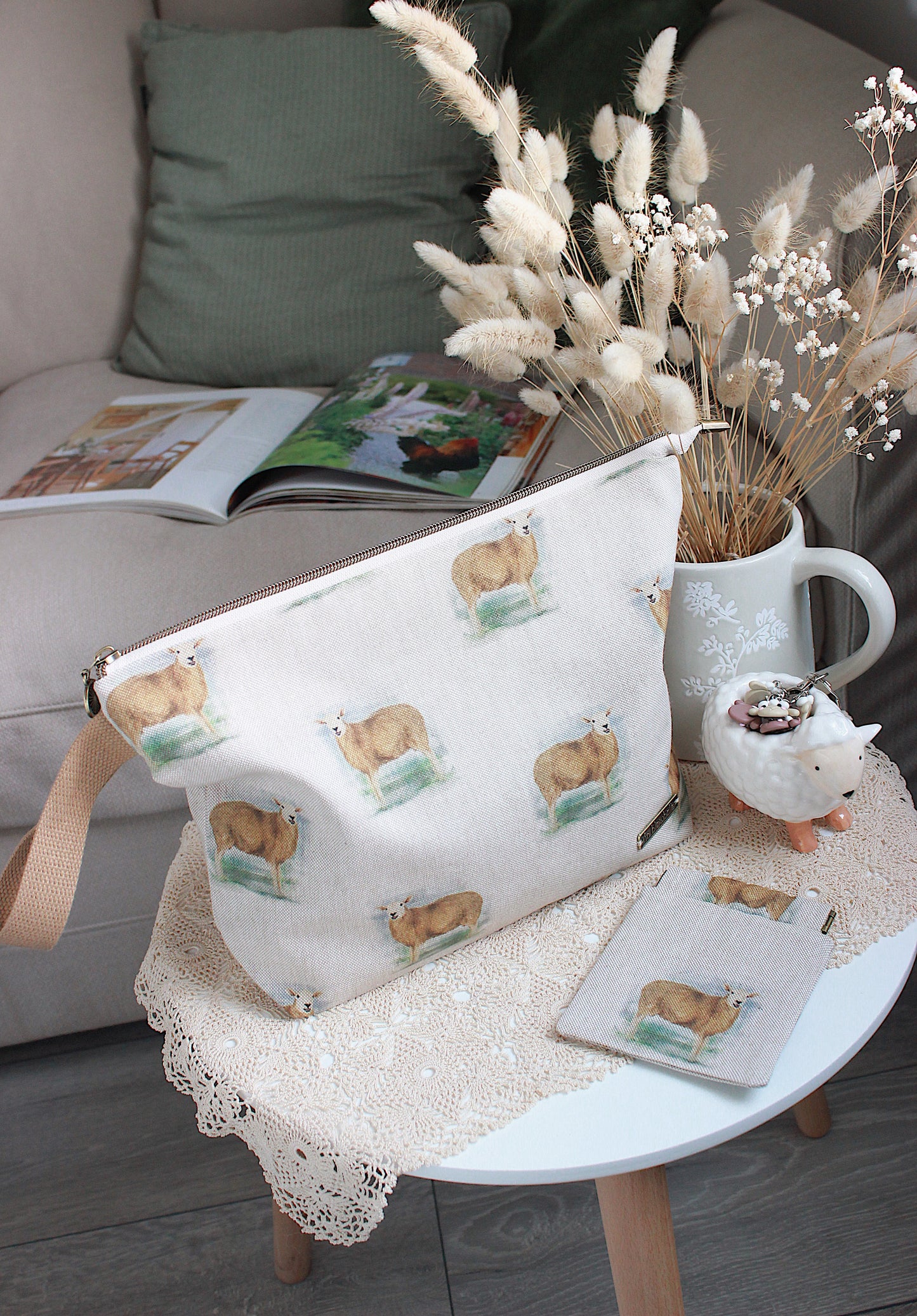 Knitting Project Bag with Built-in 20cm 8” DPN Holder & Matching Squeeze Purse | Sheep Printed Digital Canvas Fabric