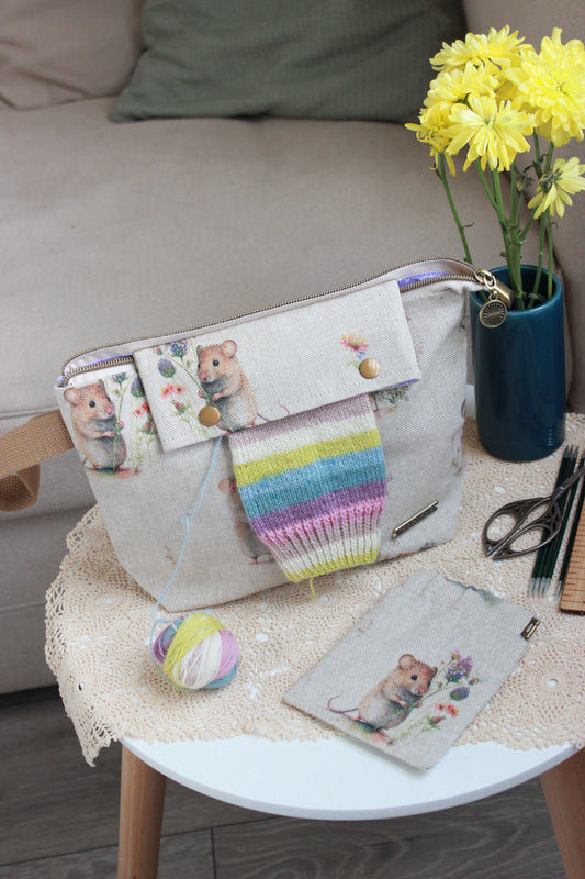 Knitting Project Bag with Built-in DPN Holder & Matching Squeeze Purse | Hamsters Printed Digital Canvas Fabric